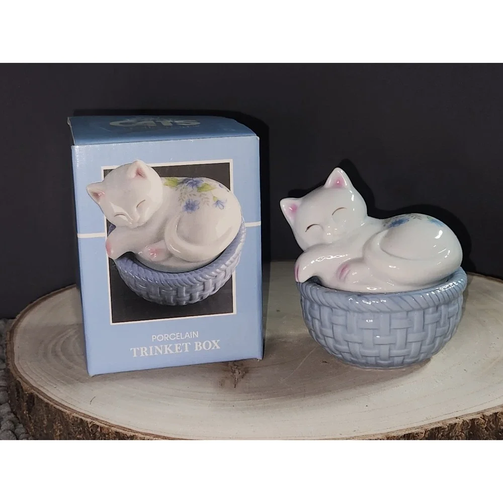 Vtg 1989 Jamestown China Classy Cats Collection Trinket Box Floral Porcelain~NEW
